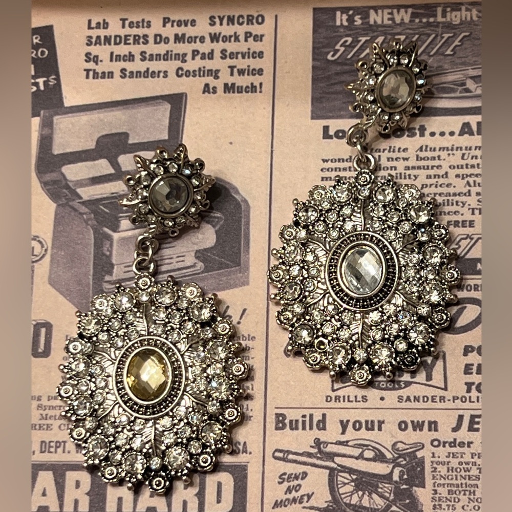 Statement Earrings Rare Vintage Ornate Rhinestone, Glass - Pierced Ears